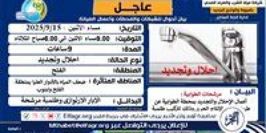 "لمدة 9 ساعات "ضعف المياه بالأدوار العليا بمركزي أبنوب والفتح بأسيوط - زاجل الإخباري